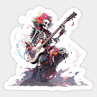 Skeleton With Guitar Muerta Flowers Sticker